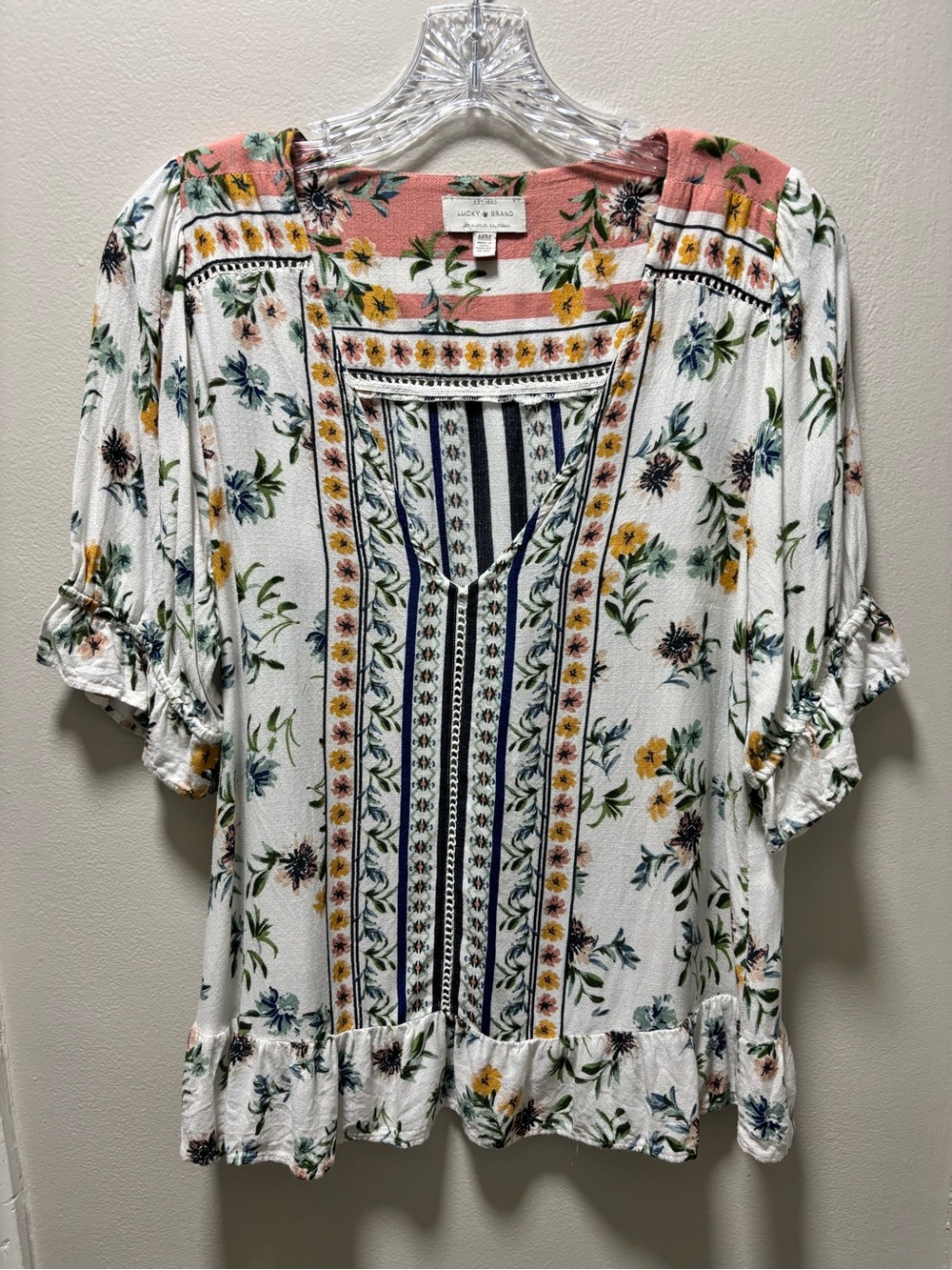Lucky Brand Medium Floral Peasant Top Short Puff Sleeves, Ruffled Hem Pristine